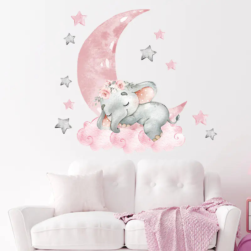 Pink Moon Star Baby Elephant Wall Sticker for Kids Room