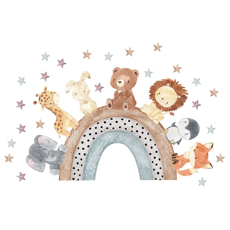 Cartoon Elephant Lion Giraffe Rainbow Wall Sticker