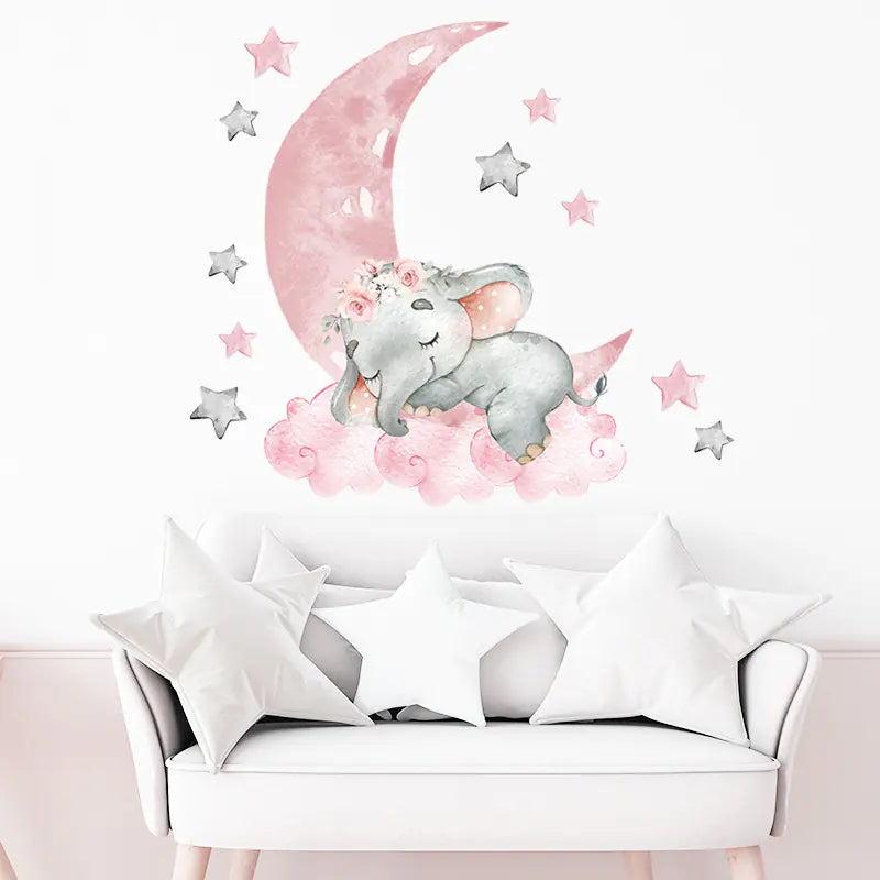 Pink Moon Star Baby Elephant Wall Sticker for Kids Room