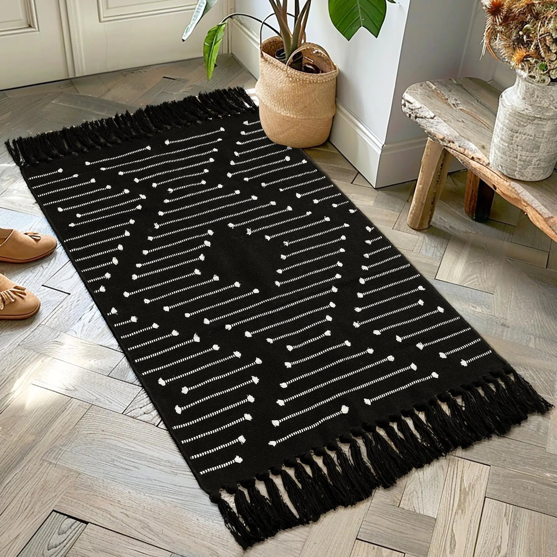 Tritard Boho Kitchen Runner Rug 2x4.3 Thin Woven Cotton Hallway Rugs with Tassels Washable Moroccan Carpet Farmhouse Bathroom Area Rug Front Porch Bath Mat for Entryway Laundry Doorway Black White