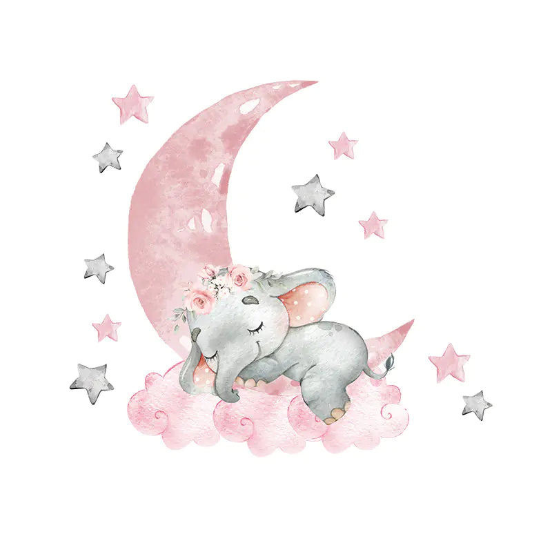 Pink Moon Star Baby Elephant Wall Sticker for Kids Room