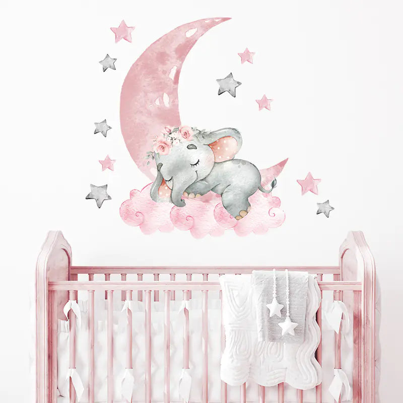 Pink Moon Star Baby Elephant Wall Sticker for Kids Room