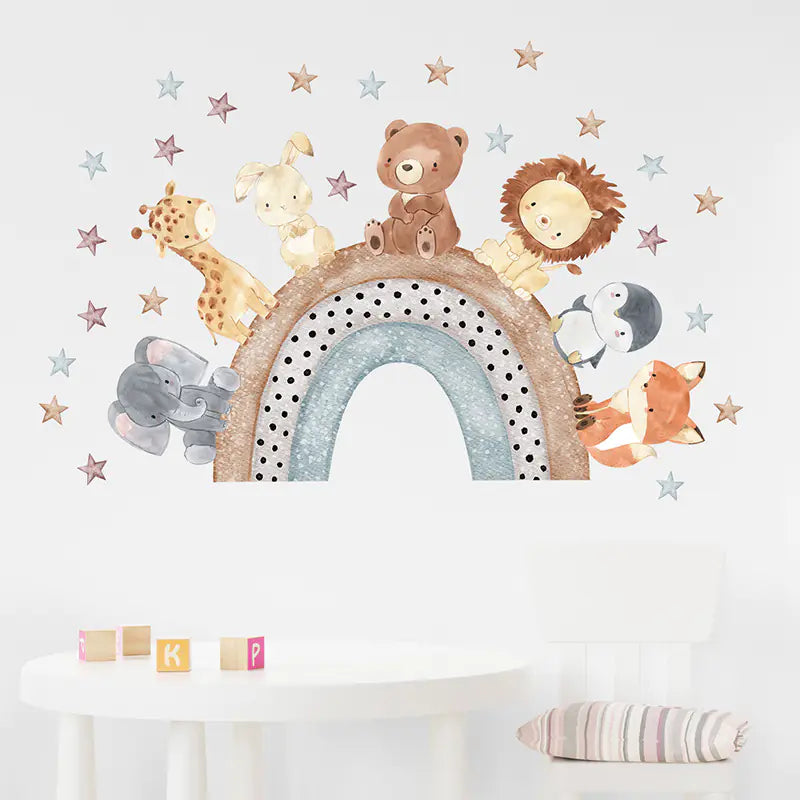 Cartoon Elephant Lion Giraffe Rainbow Wall Sticker