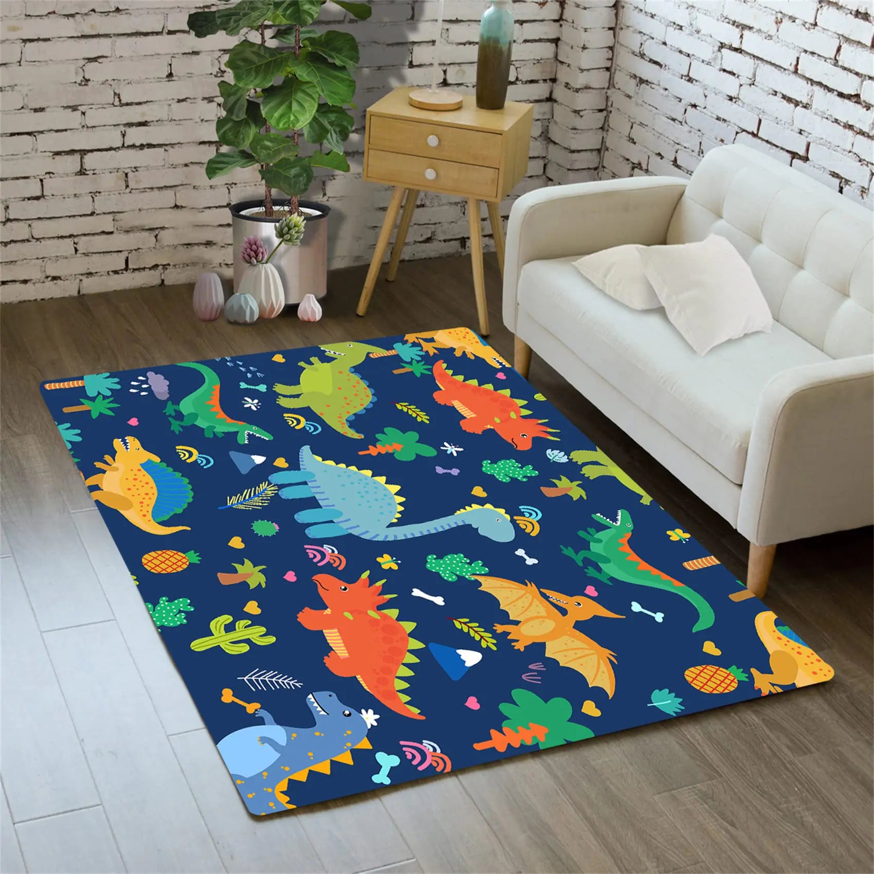 Cartoon Dinosaur Area Rugs for Kids Blue Cute Animal Patterns Carpet Dinosaur Rugs for Bedroom, Living & Dining Room, Kitchen, Playing Room