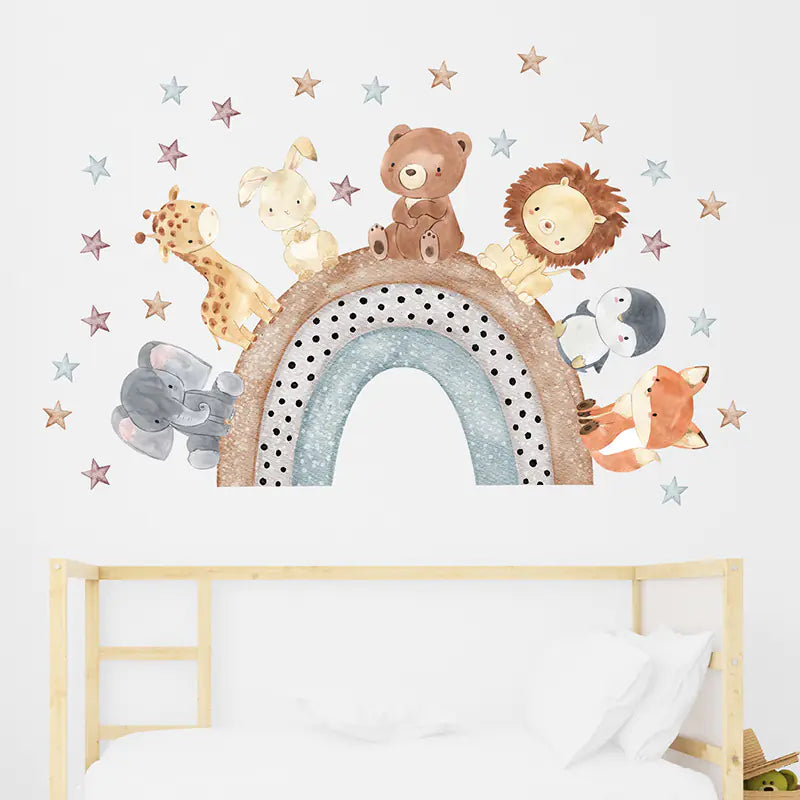 Cartoon Elephant Lion Giraffe Rainbow Wall Sticker