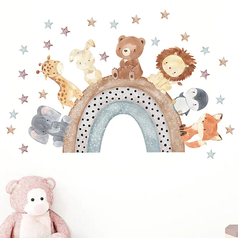 Cartoon Elephant Lion Giraffe Rainbow Wall Sticker