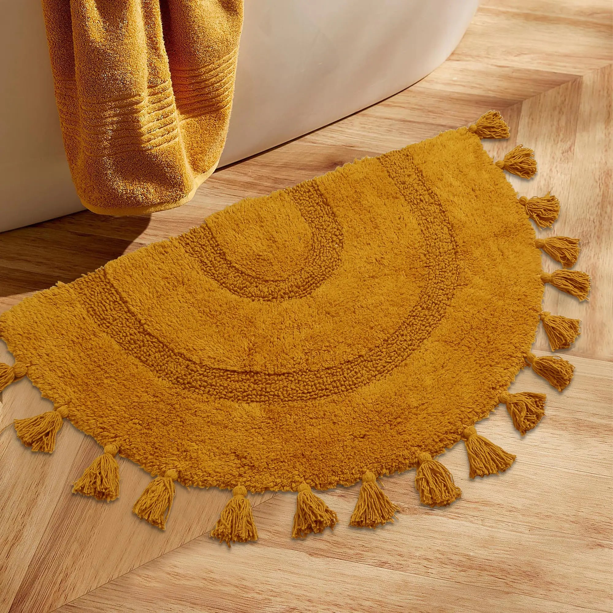 Half Circle Boho Bathroom Rugs with Tassels 100% Cotton Hand-Woven Bath Mat Non Slip Absorbent Bath Rugs with Rug Pad Washable Boho Bath Mat Carpet for Tub Shower 20"x32"Mustard