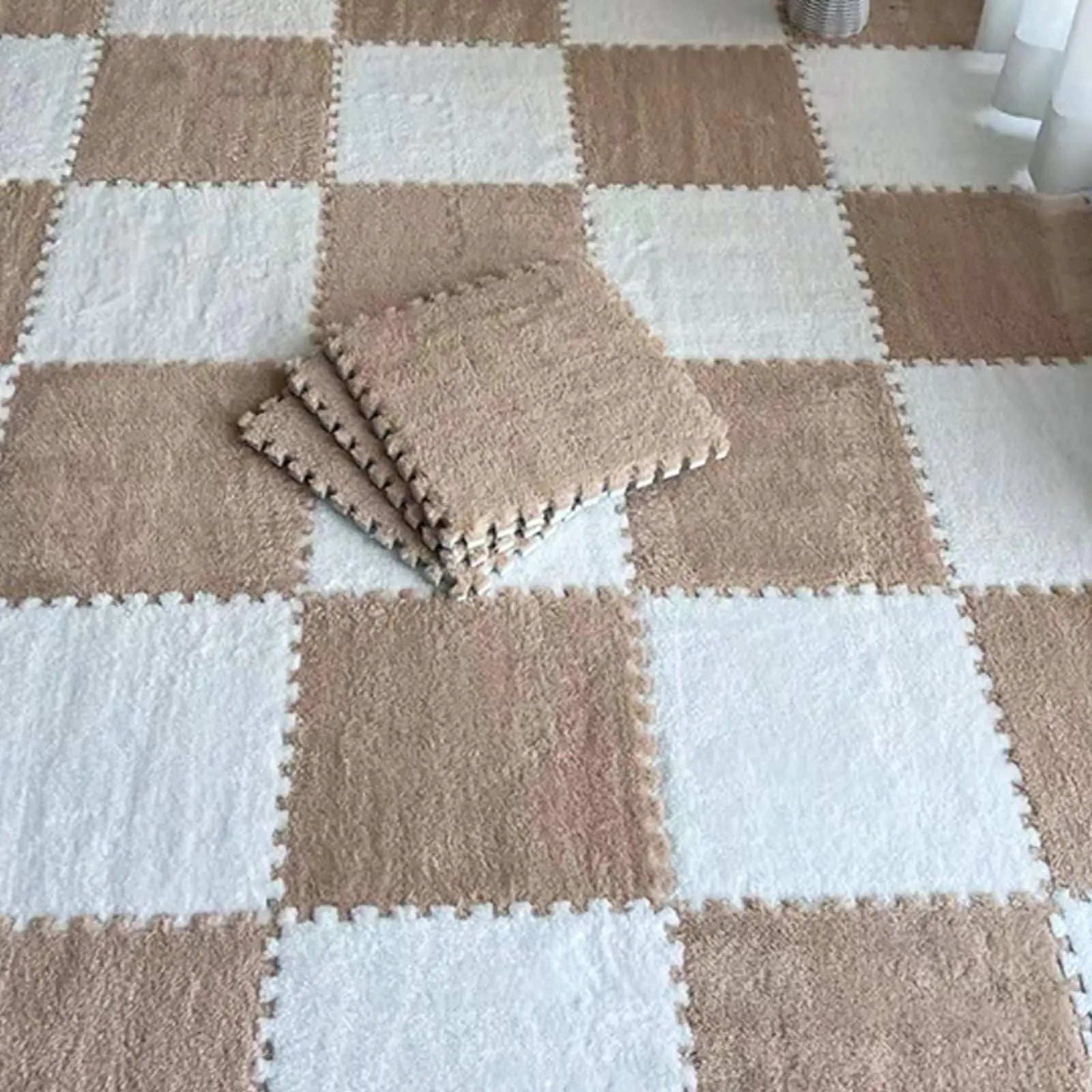 Typutomi 10pcs Plush Puzzle Foam Floor Mat Soft Fluffy Interlocking Square Foam Tiles Area Rugs Carpet for Parlor Bedroom Decoration(11.8x11.8in White & Apricot)